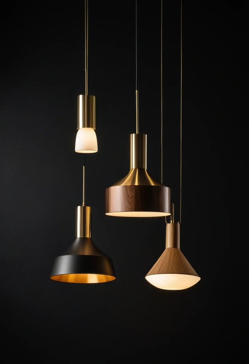 Trzy designerskie lampy wiszące w ciepłym świetle