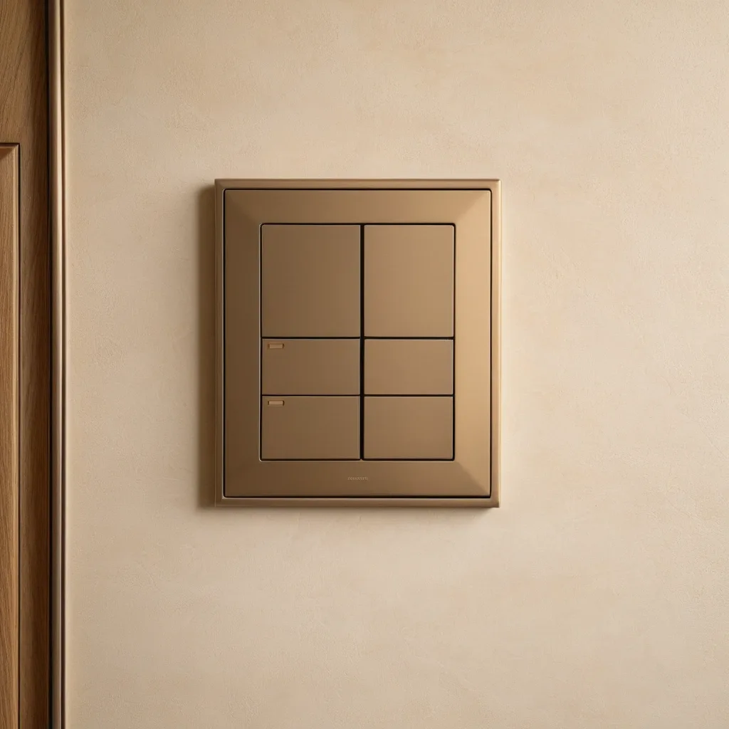 Klawiatura smart home z czterema klawiszami w brązie na kremowej ścianie
